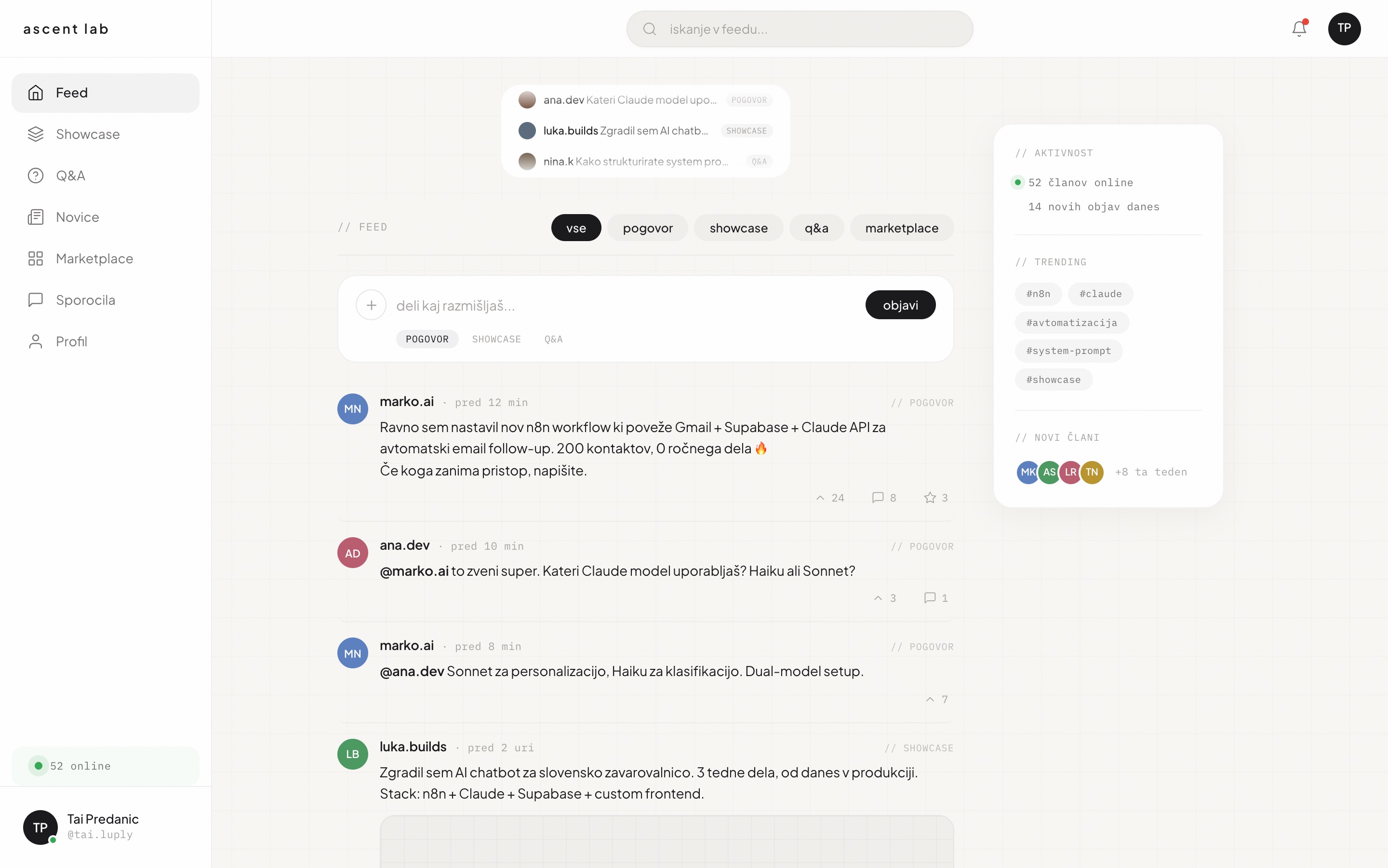 Ascent Lab, zasnova zaslona z objavami skupnosti