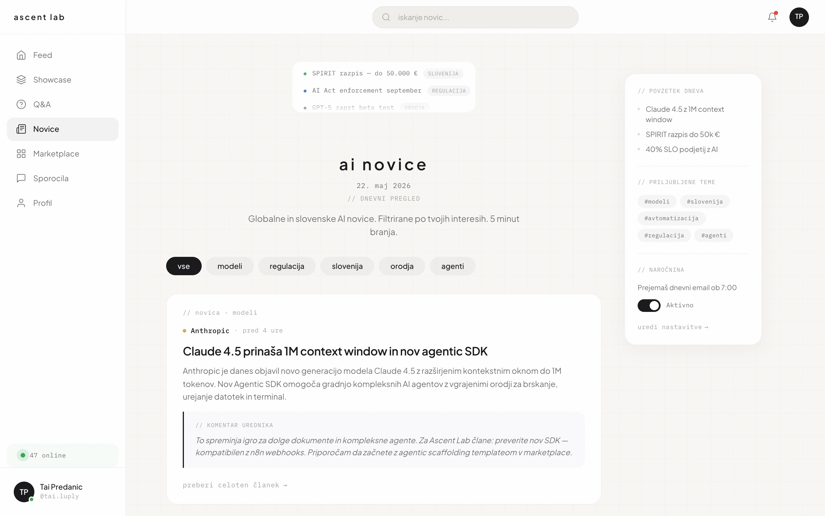 Zasnova zaslona z novicami Ascent Lab
